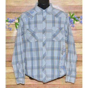Rock 47 Mens XL Gray Plaid Pearl Snap Button Up Western Shirt Raw Hem Cotton